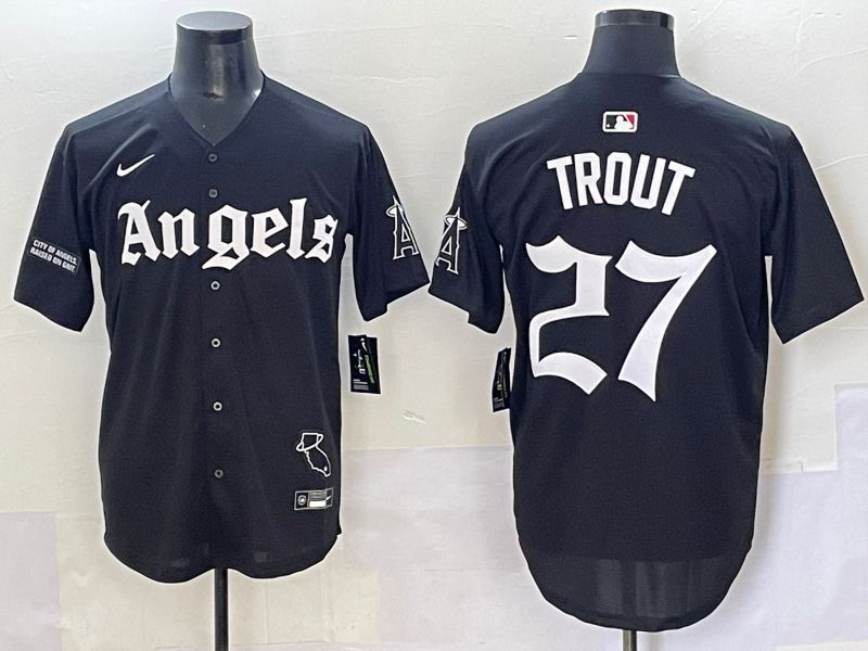 Men 2025 Los Angeles Angels #27 Trout Black Five generations Joint Name Nike MLB Jersey style 18